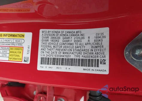2025 Honda Civic Si Base W/High Performance Summer Tires/ z USA, uszkodzony, nr VIN 2HGFE1E55SH476251
